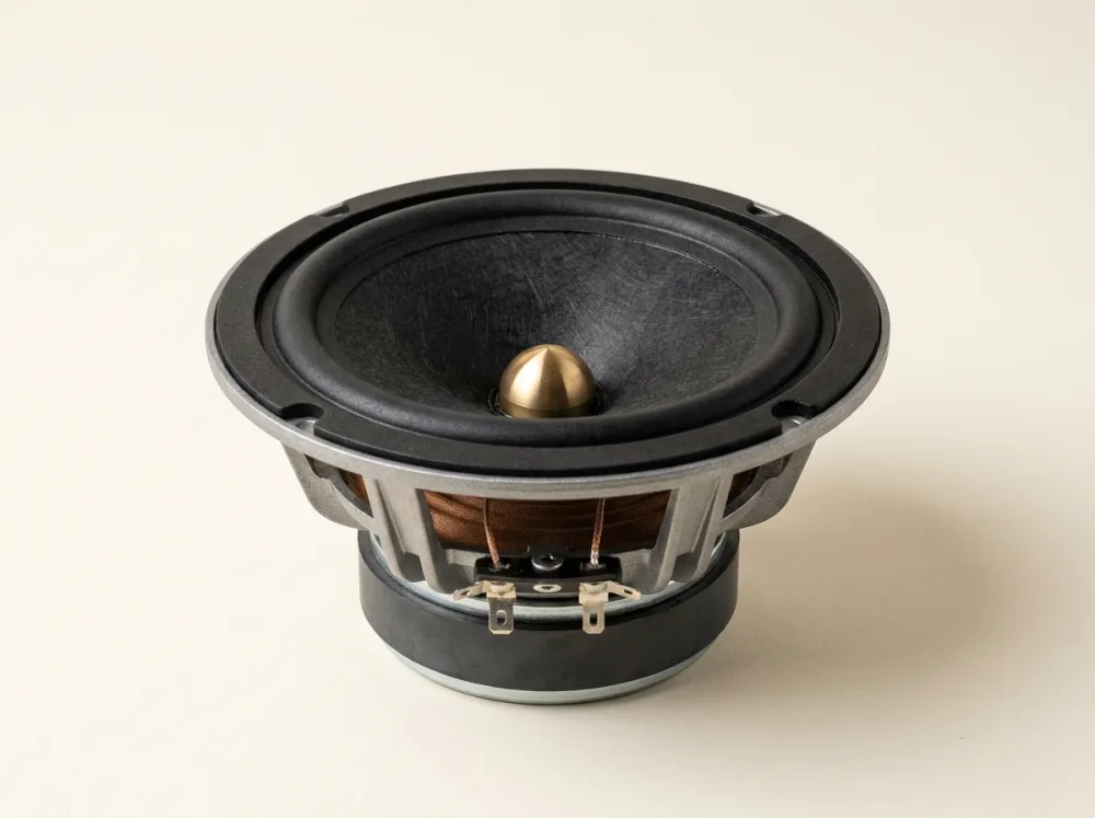 A single four-inch full-range driver with a machined brass phase plug.