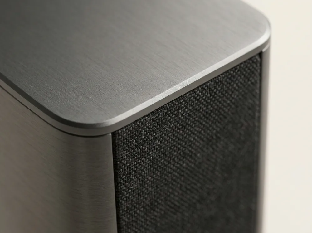 Macro detail of the machined aluminium top cap meeting the charcoal acoustic fabric.