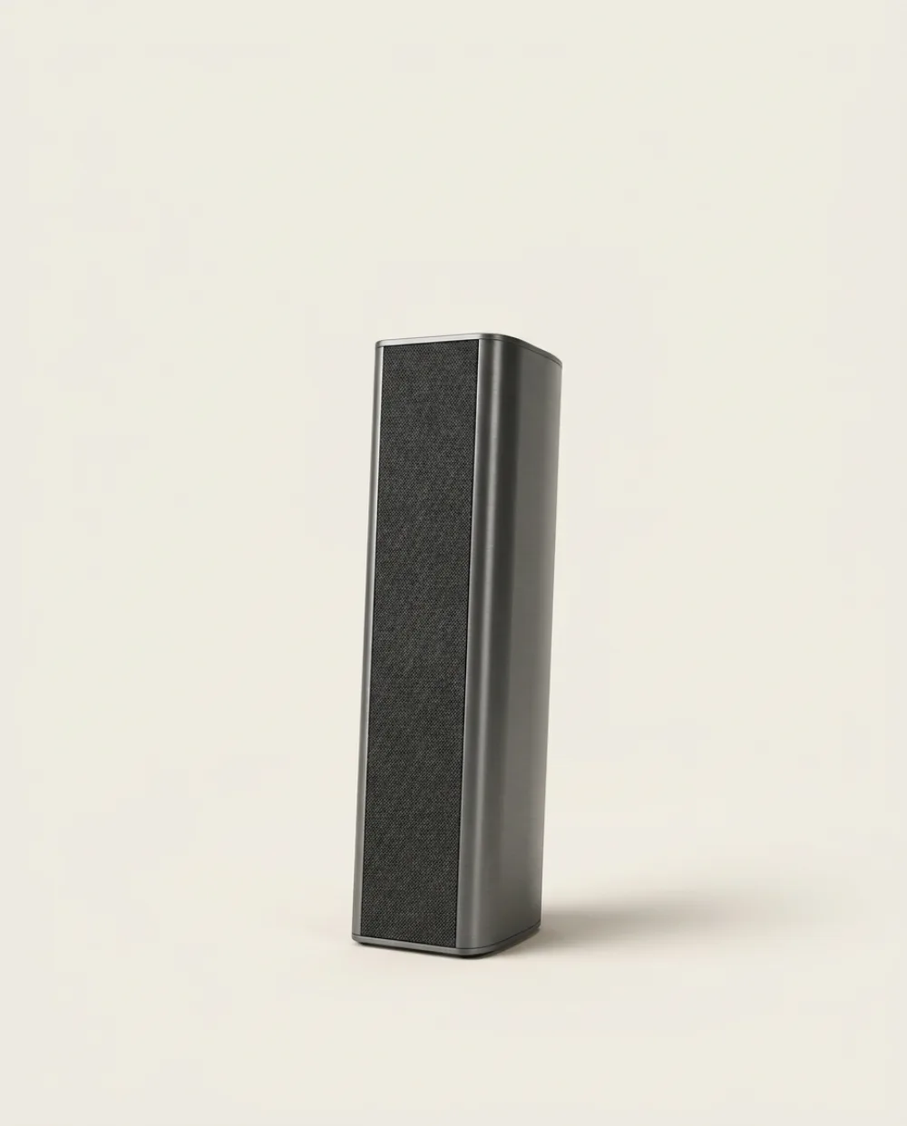 The Sable One desktop loudspeaker in graphite anodised aluminium, three-quarter view.