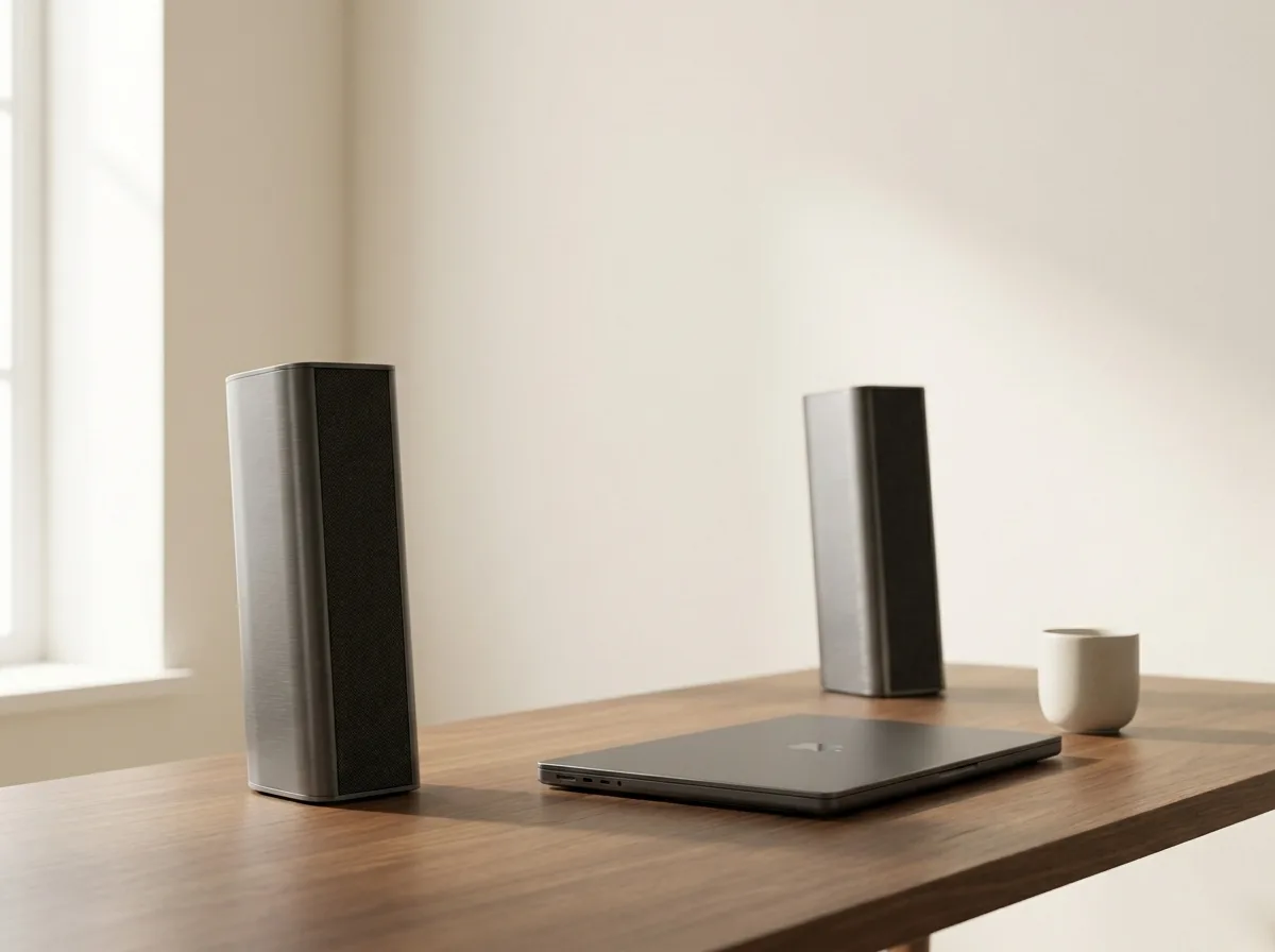 A pair of Sable One speakers on a walnut desk beside a laptop, in soft window light.