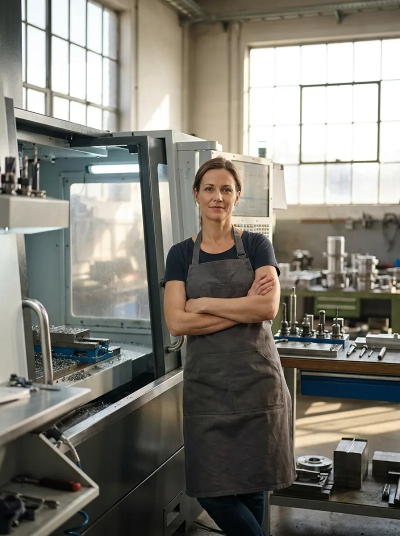 Nadia Ospina beside a five-axis mill in the Sable workshop.